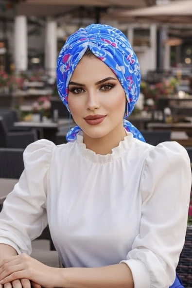 Aişe Tesettür Mavi Desenli Tokalı Bone - Resim 2