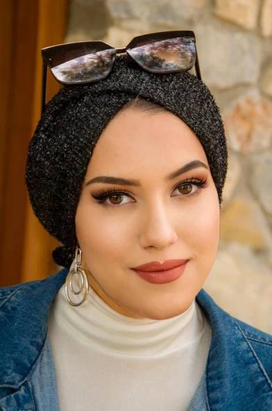 Aişe Tesettür Siyah Kırçıllı Abiye Hazır Çapraz Bone - Resim 2