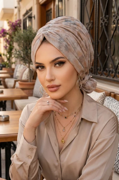 Aişe Tesettür Ekru Ebruli Köpük Tokalı Bone ürün görseli 1