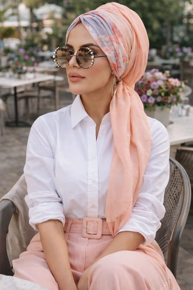 Aişe Tesettür Somon Çiçek Çiçek Desen Hazır Şal ürün görseli 1