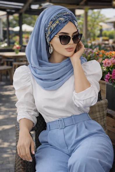 Aişe Tesettür Kot Mavi Çiçek Desen Hazır Şal ürün görseli 1