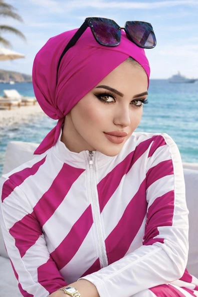 Aişe Tesettür Neon Pembe Çapraz Bantlı Deniz - Havuz Bonesi ürün görseli 1