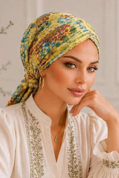 Aişe Tesettür Sarı Yaz Desen Tokalı Bone ürün görseli 1