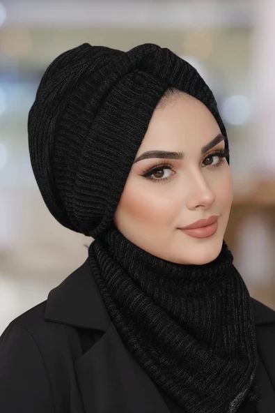 Aişe Tesettür Siyah Triko Kışlık Burgu Bone Ve Etol Takım ürün görseli 1