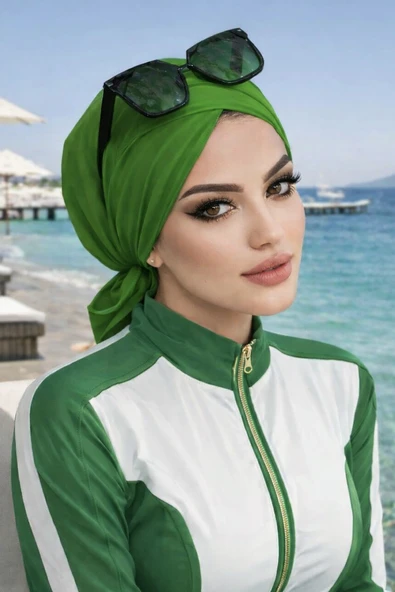 Aişe Tesettür Yeşil Çapraz Bone / Deniz - Havuz Bonesi ürün görseli 1