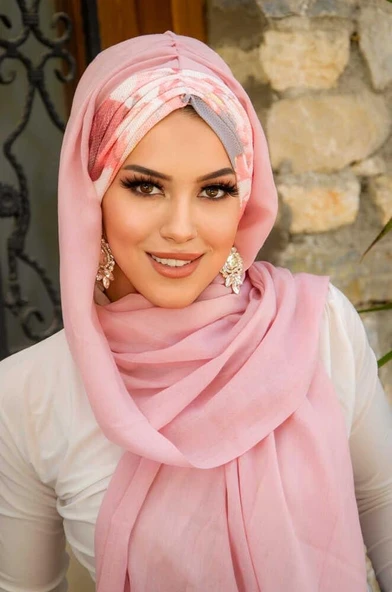 Aişe Tesettür Pudra Somon Çiçek Desen Hazır Şal ürün görseli 1