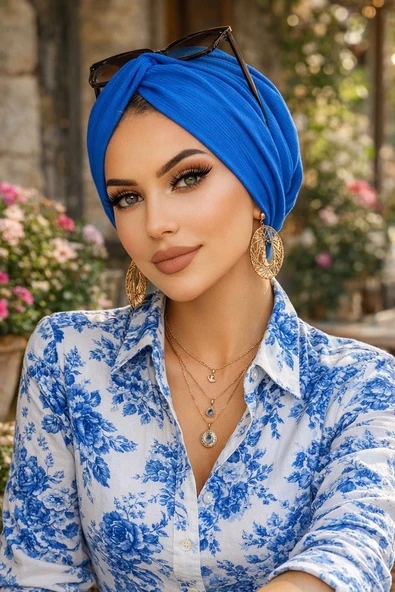 Aişe Tesettür Saks Mavi Hazır Burgu Düğüm Bone ürün görseli 1