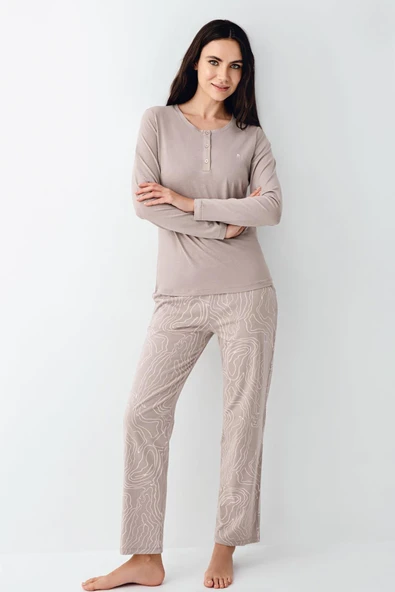 Pierre Cardin Kadın Desenli Pamuklu Modal Uzun Kollu Pijama Takım ürün görseli 1