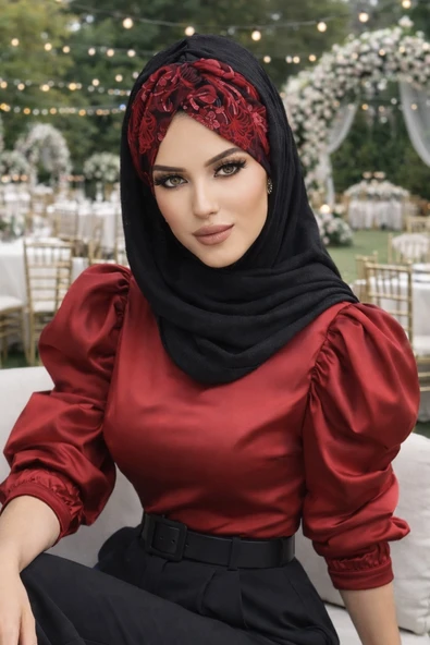 Aişe Tesettür Siyah Kırmızı  Burgu Hazır Şal ürün görseli 1
