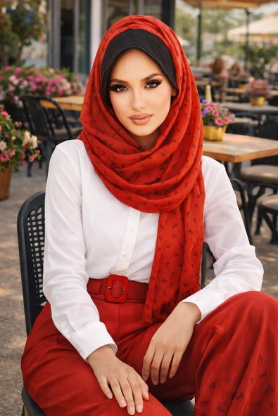 Aişe Tesettür Taba Çiçek Baskılı Şapkalı Şal - Resim 2
