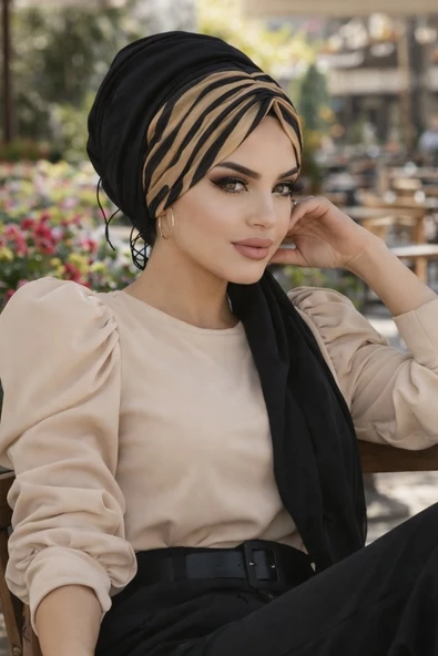 Aişe Tesettür Siyah Hardal Hardal Feminen Desenli Hazır Şal ürün görseli 1