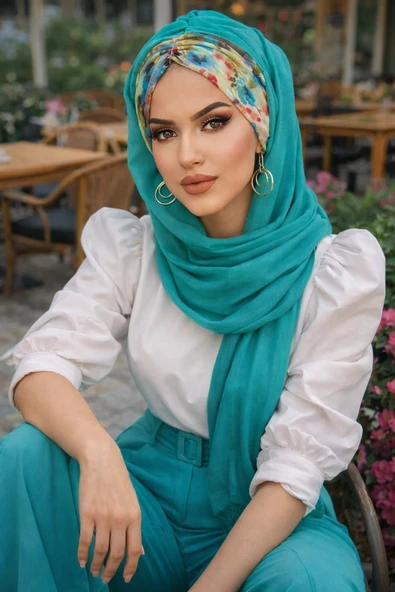 Aişe Tesettür Mint Fulya Çiçek Desen Hazır Şal ürün görseli 1