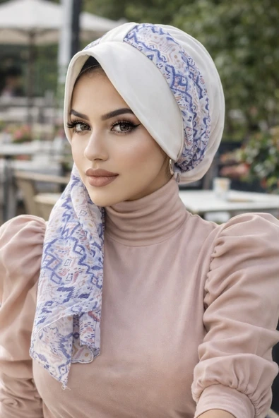 Aişe Tesettür Beyaz Mavi Desenli Fularlı Şapka Bone ürün görseli 1