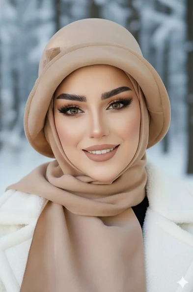 Aişe Tesettür Bej Aksesuarlı Atkılı Vintage Şapka ürün görseli 1