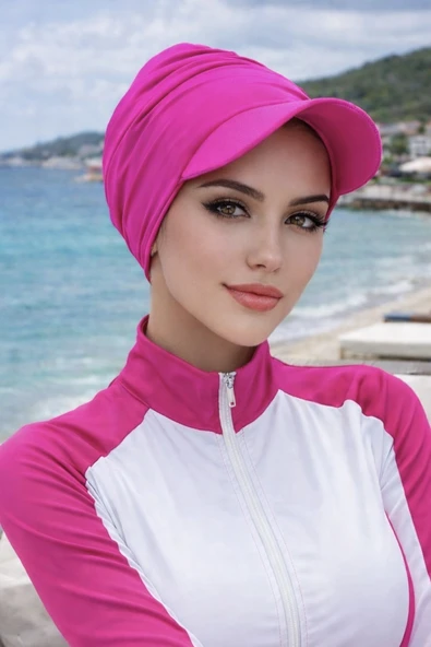 Aişe Tesettür Neon Pembe Havuz - Deniz Şapkası / Mayo Üstüne Kullanılabilir ürün görseli 1