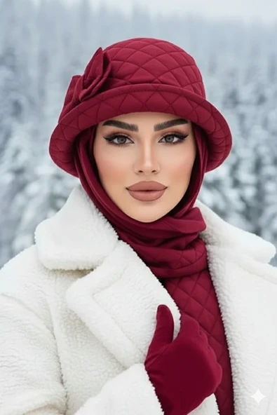 Aişe Tesettür Bordo Aksesuarlı Vintage Atkılı Şapka ürün görseli 1