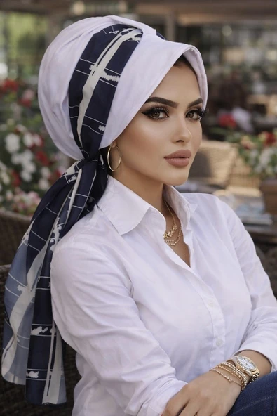 Aişe Tesettür Beyaz Lacivert Desen Fularlı Şapka Bone ürün görseli 1