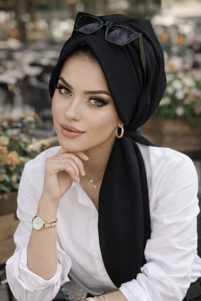 Aişe Tesettür Siyah Fularlı Şapka Bone ürün görseli 1
