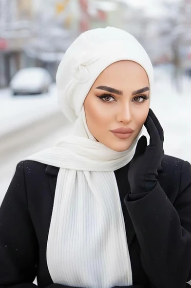 Aişe Tesettür Beyaz Fitilli Fiyonklu Tesettür Bere ürün görseli 1