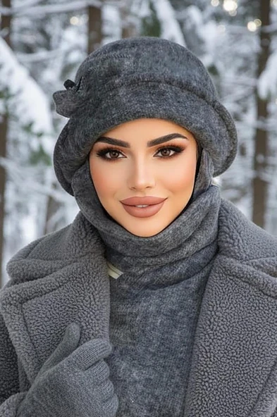 Aişe Tesettür Antrasit Melanj Aksesuarlı Atkılı Vintage Şapka ürün görseli 1