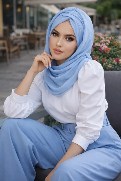 Aişe Tesettür Bebe Mavi Büzgülü Hazır Şal ürün görseli 1
