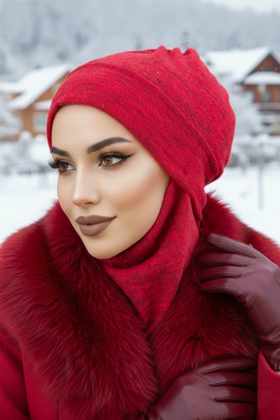Aişe Tesettür Kırmızı Desen Maskeli Bere ürün görseli 1