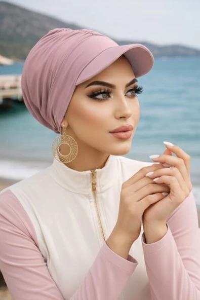 Aişe Tesettür Pudra Havuz - Deniz Şapkası / Mayo Üstüne Kullanılabilir ürün görseli 1