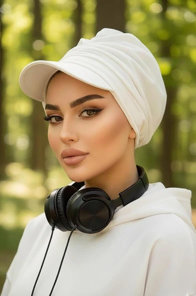 Aişe Tesettür Kırık Beyaz Bantlı Şapka Bone ürün görseli 1