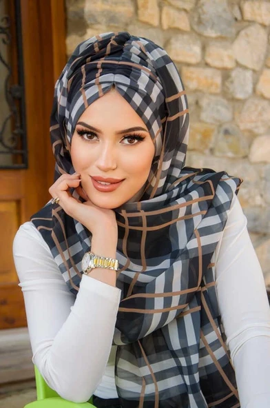 Aişe Tesettür Siyah Bej Ekose Desen Hazır Şal ürün görseli 1
