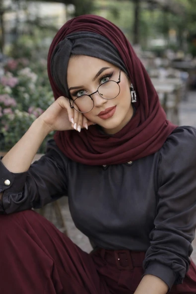 Aişe Tesettür Füme Bordo Burgu Hazır Şal ürün görseli 1
