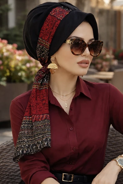 Aişe Tesettür Siyah Bordo Etnik Desen Şapkalı Bone ürün görseli 1