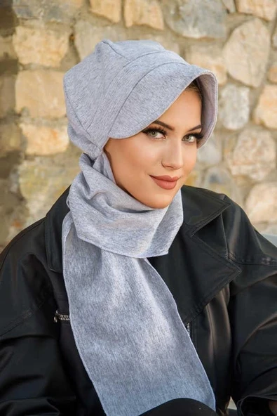 Aişe Tesettür Gri Melanj Atkılı Tesettür Şapka ürün görseli 1