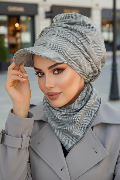 Aişe Tesettür Gri Ekose Büzgülü Tesettür Şapka ve Etol Takım ürün görseli 1