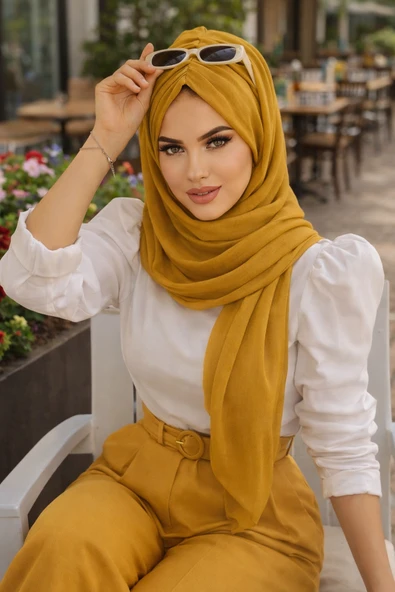Aişe Tesettür Hardal Büzgülü Hazır Şal ürün görseli 1