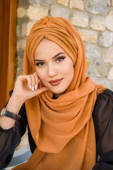 Aişe Tesettür Camel Büzgülü Hazır Şal ürün görseli 1