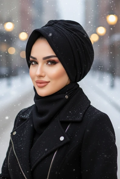Aişe Tesettür Siyah Kaşe Şapkalı Bone Ve Etol Takım ürün görseli 1