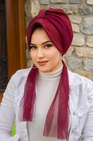 Aişe Tesettür Bordo Fularlı Şapka Bone - Resim 3