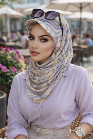 Aişe Tesettür Soft Tonlar Geometrik Desen Kepli Bandana Şapka Şal ürün görseli 1