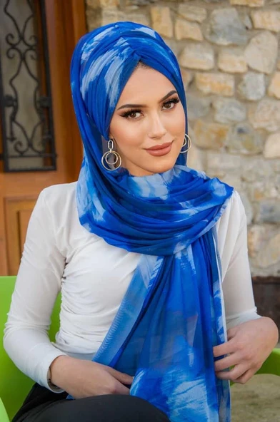 Aişe Tesettür Saks Mavi Batik Desen Hazır Şal ürün görseli 1