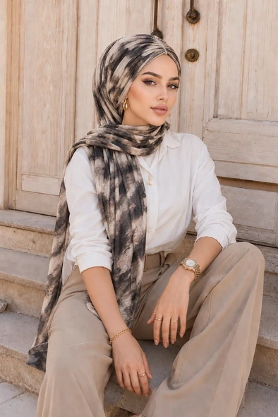 Aişe Tesettür Kahve Vizon Batik Desen Hazır Şal ürün görseli 1