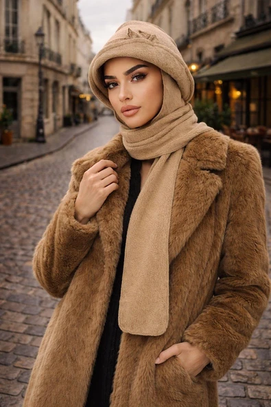 Aişe Tesettür Camel Aksesuarlı Atkılı Vintage Şapka ürün görseli 1