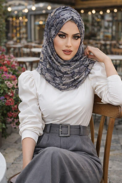 Aişe Tesettür Siyah Bej Yılan Derisi Desen Hazır Şal ürün görseli 1