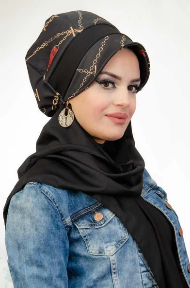 Aişe Tesettür Siyah Zincir Desen Tesettür Şapka ürün görseli 1