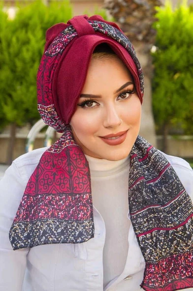 Aişe Tesettür Bordo Etnik Desen Şapkalı Bone ürün görseli 1