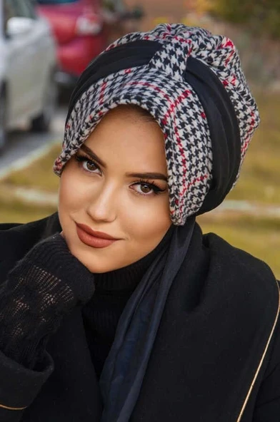 Aişe Tesettür Kazayağı Bordo Fularlı Kaşe Şapkalı Bone ürün görseli 1