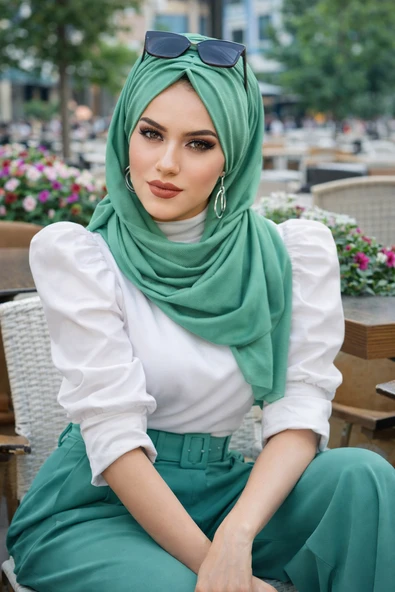 Aişe Tesettür Yeşil Büzgülü Hazır Şal ürün görseli 1