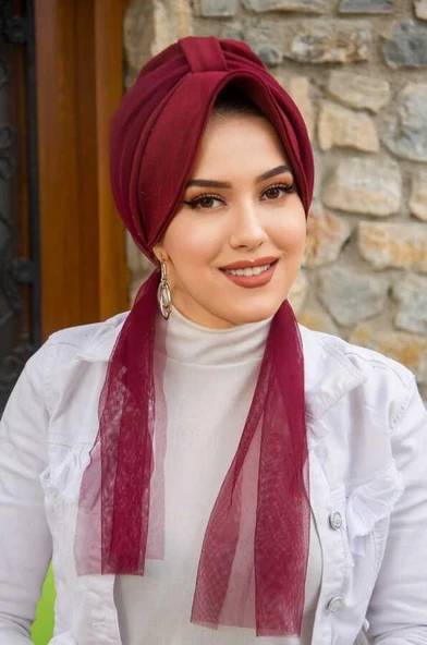 Aişe Tesettür Bordo Fularlı Şapka Bone - Resim 2