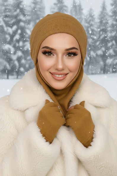 Aişe Tesettür Hardal Karyağdı Maskeli Bere ürün görseli 1