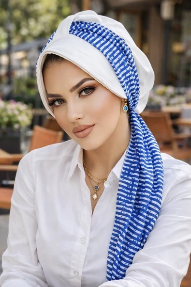 Aişe Tesettür Beyaz Mavi Desen Fularlı Şapka Bone ürün görseli 1