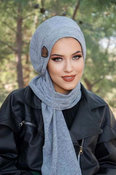 Aişe Tesettür Gri Melanj Fitilli Armalı Tesettür Bere ürün görseli 1